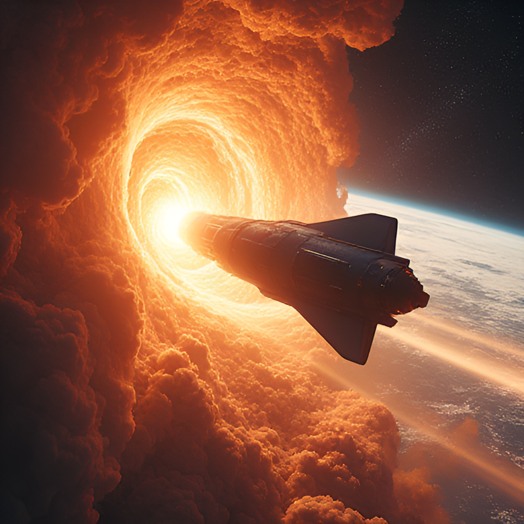 A shot of the Fantastic Four's iconic rocket ship emerging from a swirling cosmic anomaly or wormhole in space, approaching Earth, with the planet visible in the background. The composition should feel epic and signal arrival.