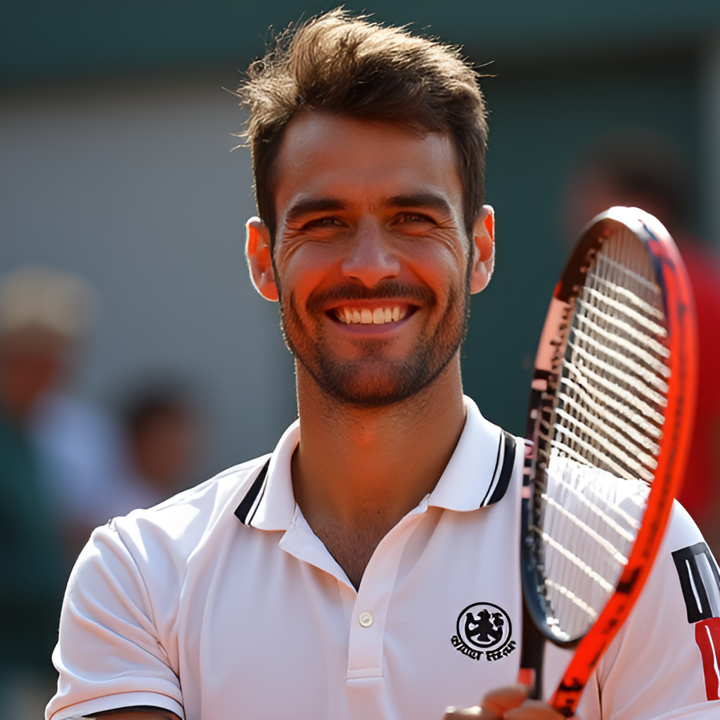 A portrait of Ignacio Buse smiling and holding a tennis racket, conveying confidence and determination, perhaps with a subtle Peruvian flag element in the background.