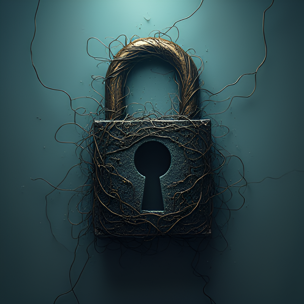 A symbolic image depicting the challenges to freedom in the digital age, such as a padlock shaped like a social media icon or intertwined digital wires forming a cage around a person, in a slightly dark and thought-provoking style.