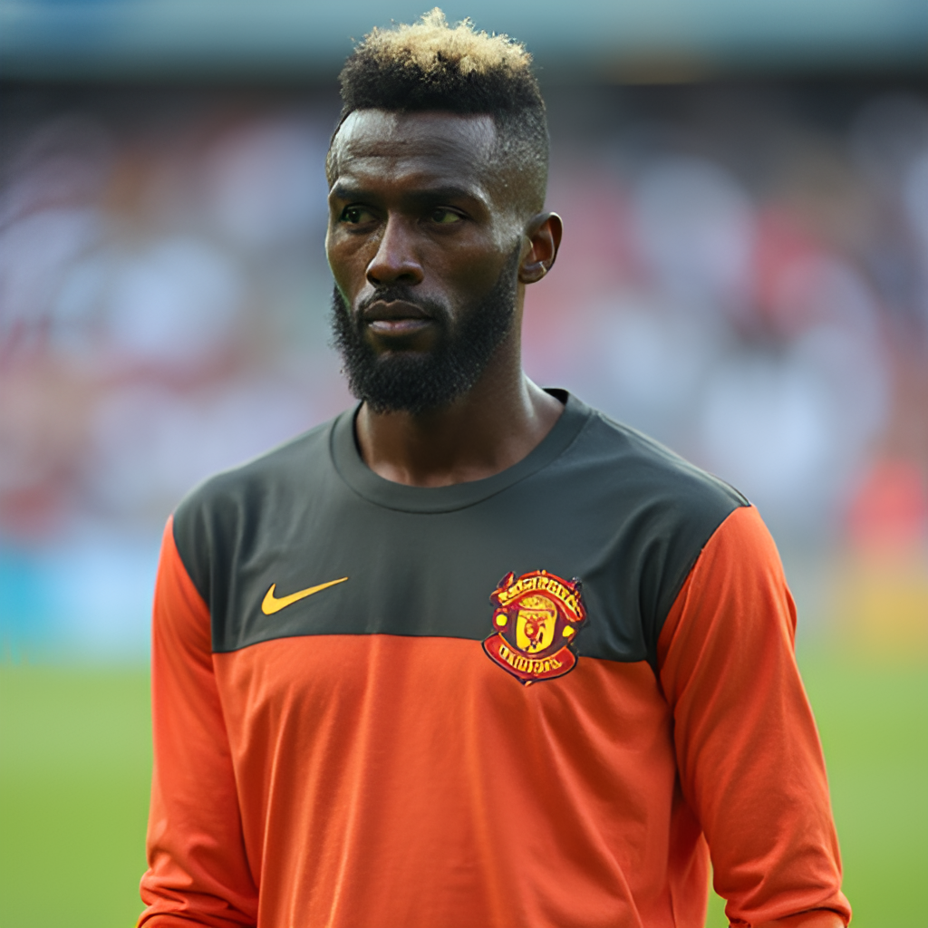 A portrait of Ibrahim Mbaye looking determined and focused, perhaps during a training session or pre-match warm-up, against a blurred football stadium background.