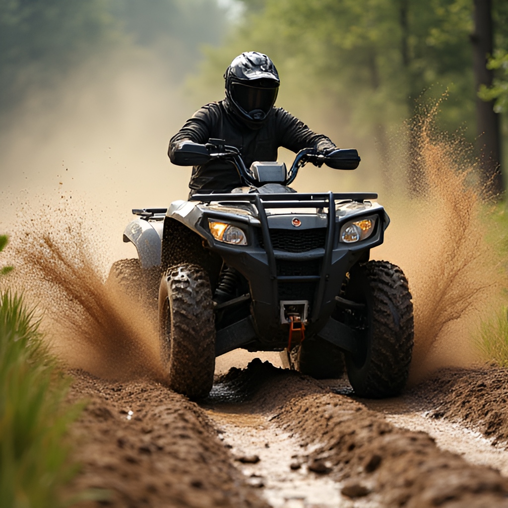 A dynamic photo of an ATV navigating a challenging off-road trail, splashing mud and showcasing the vehicle's capability in a natural environment
