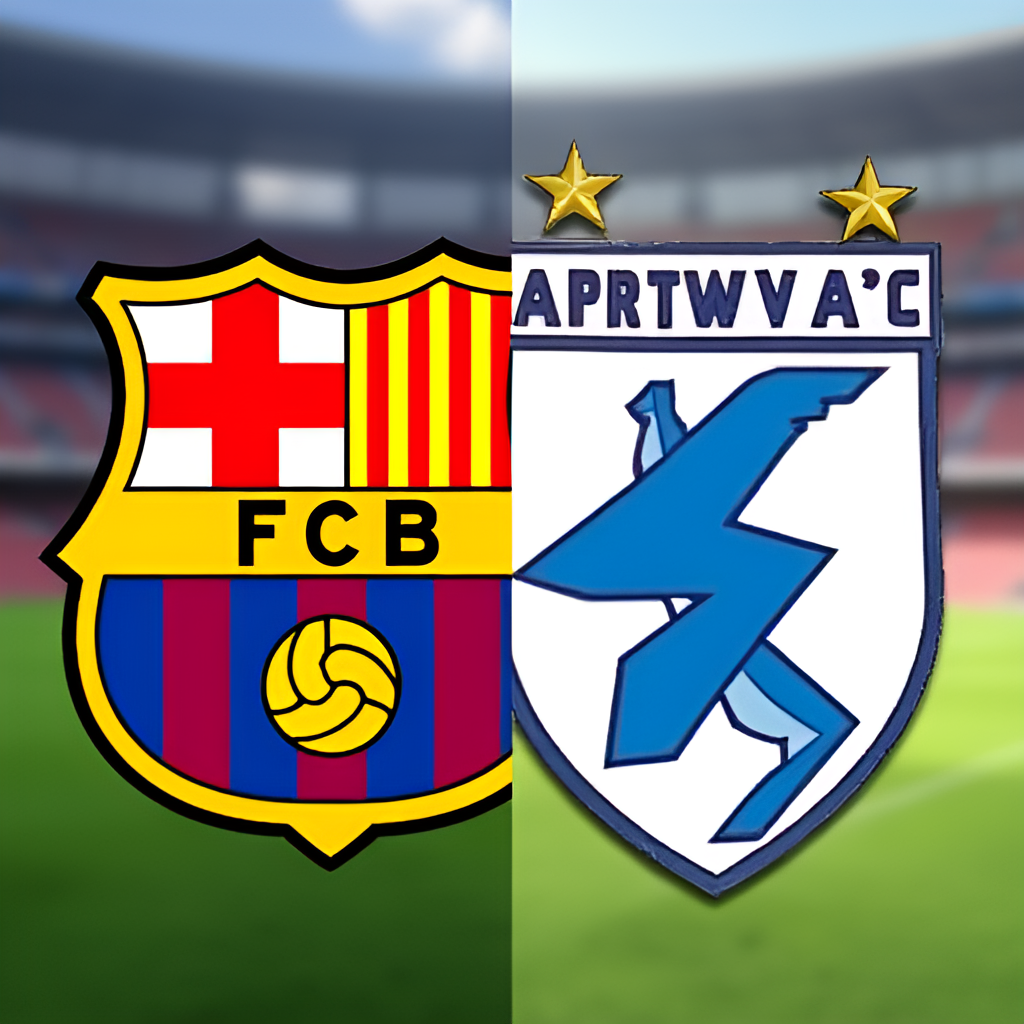 A split image showing the crests of FC Barcelona and Deportivo La Coruña side-by-side, representing their historical rivalry, perhaps with a subtle background of a football pitch or stadium