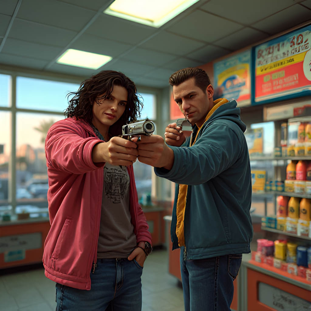 Lucia and Jason, the two protagonists, pulling off a dynamic robbery in a Vice City convenience store, showcasing potential new gameplay mechanics