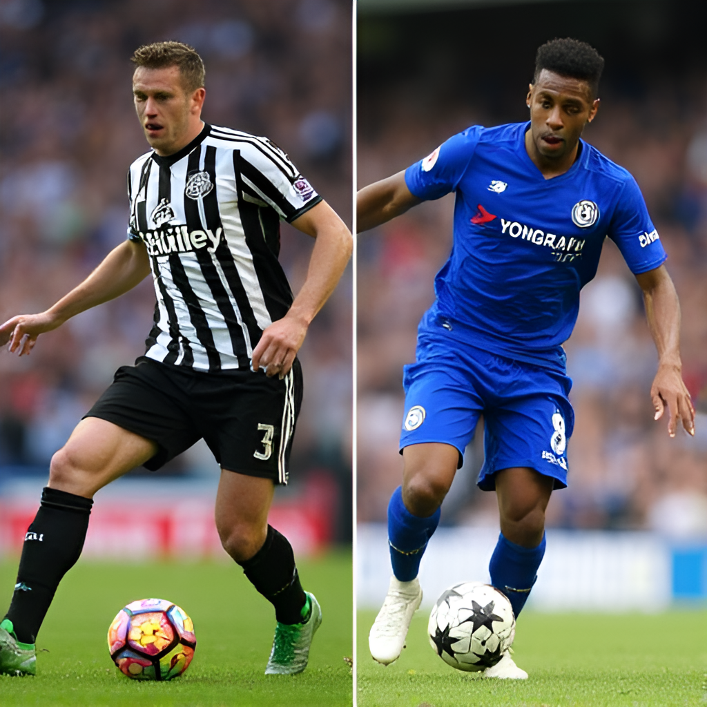 A split image showing key players from both Newcastle United and Chelsea in action during a recent match, highlighting the intensity of the on-field battle