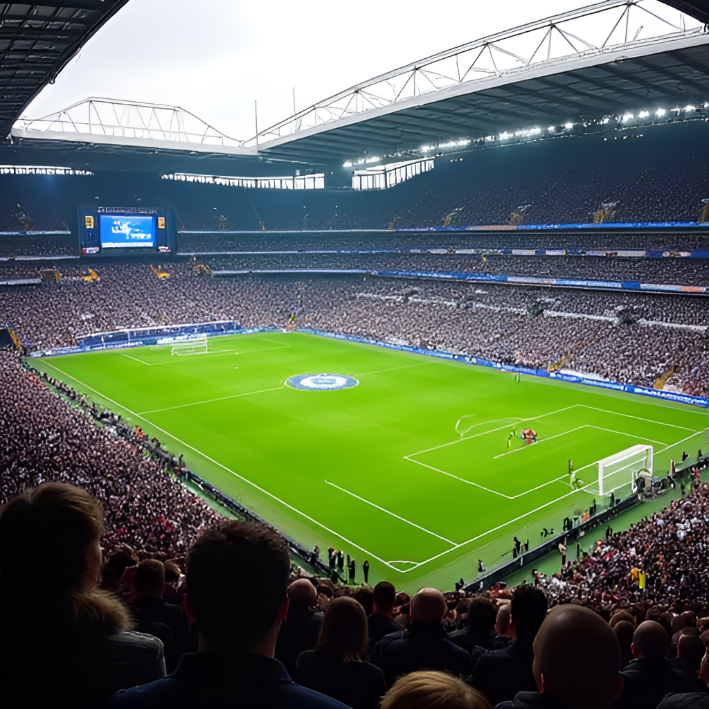 Aerial view of St. James' Park stadium filled with passionate Newcastle United and Chelsea FC fans during a match, showing the vibrant atmosphere.