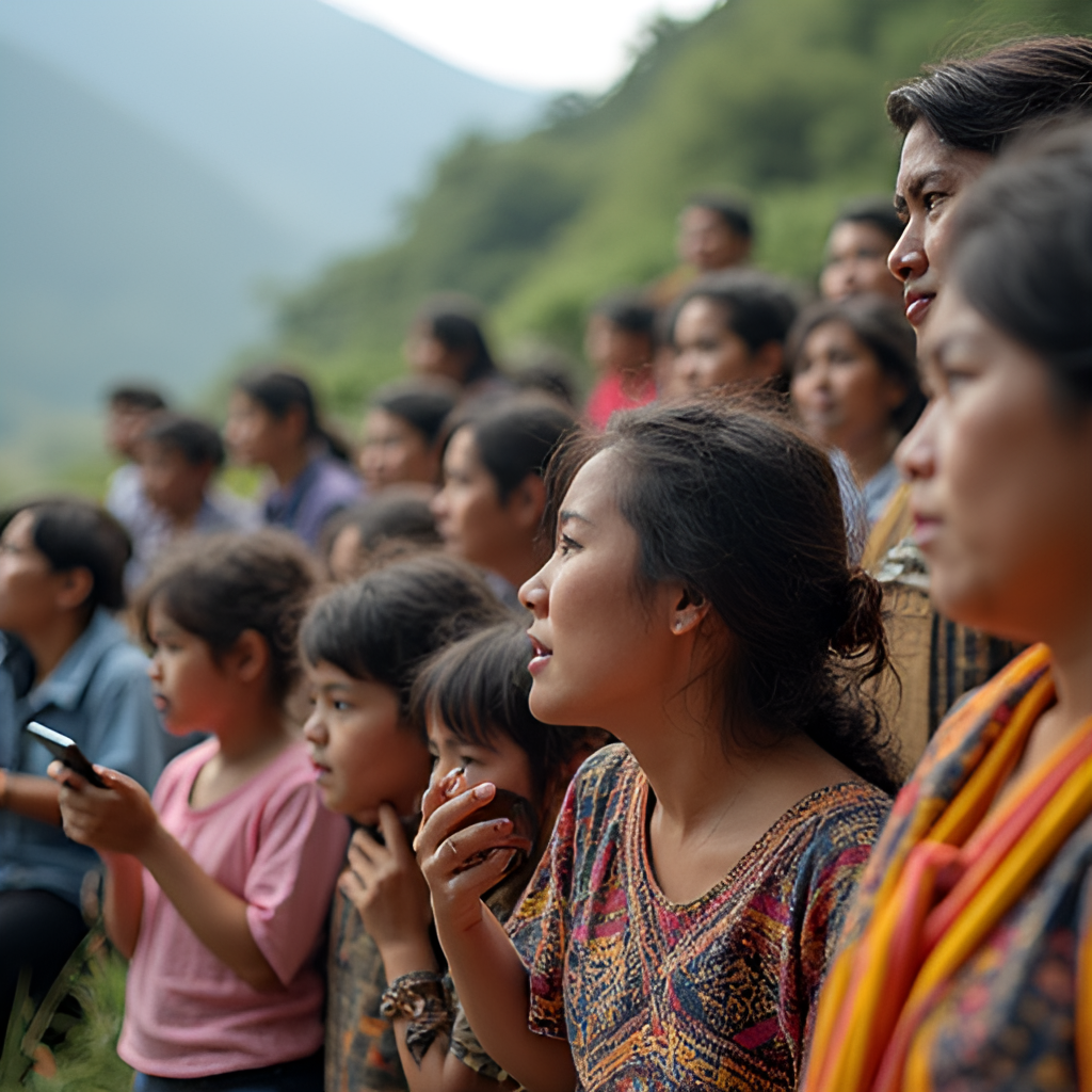 A diverse group of people in different locations across Peru (coast, sierra, jungle) listening to the radio or their phones, symbolizing the national reach and connection provided by Exitosa en vivo.