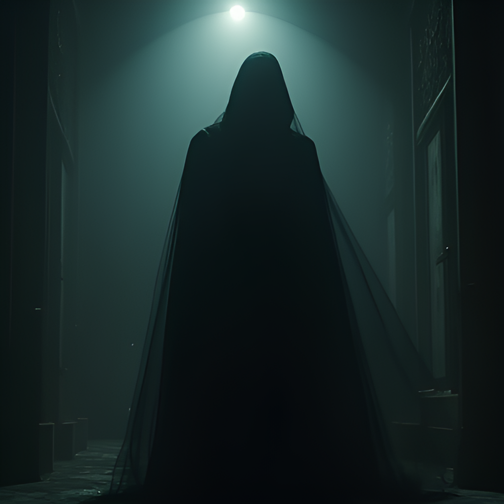 A mysterious figure, partially obscured by shadow, resembling the character William Bludworth, standing in a dimly lit, ominous setting, perhaps an old mortuary or a place with symbolic ties to death, in a realistic, cinematic style