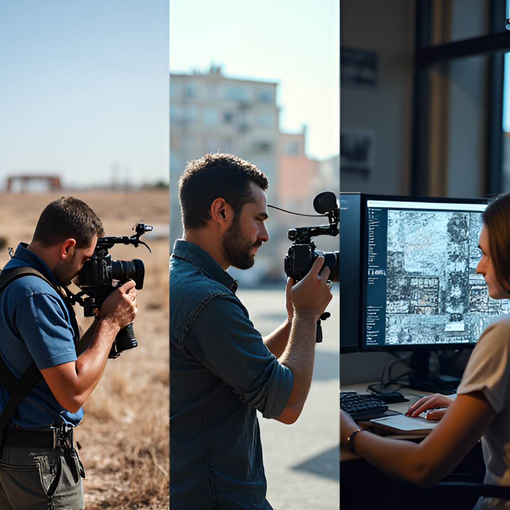 A collage or split image showing different aspects of AFP's work: a journalist in a foreign location reporting, a photographer capturing an image, and someone working on digital verification on a computer screen.