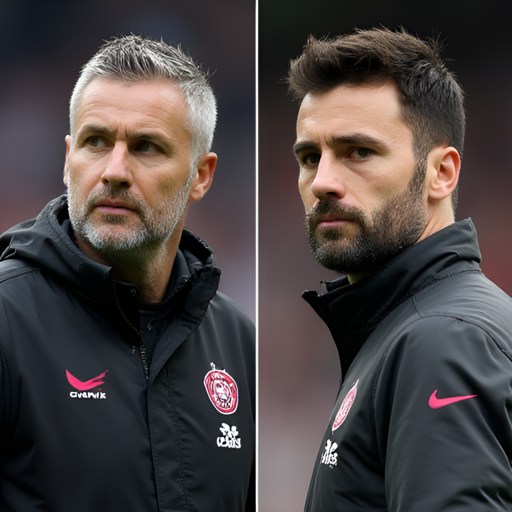 A split image showing Mikel Arteta on one side and Eddie Howe on the other, both looking focused on the touchline during a match, representing the tactical battle.