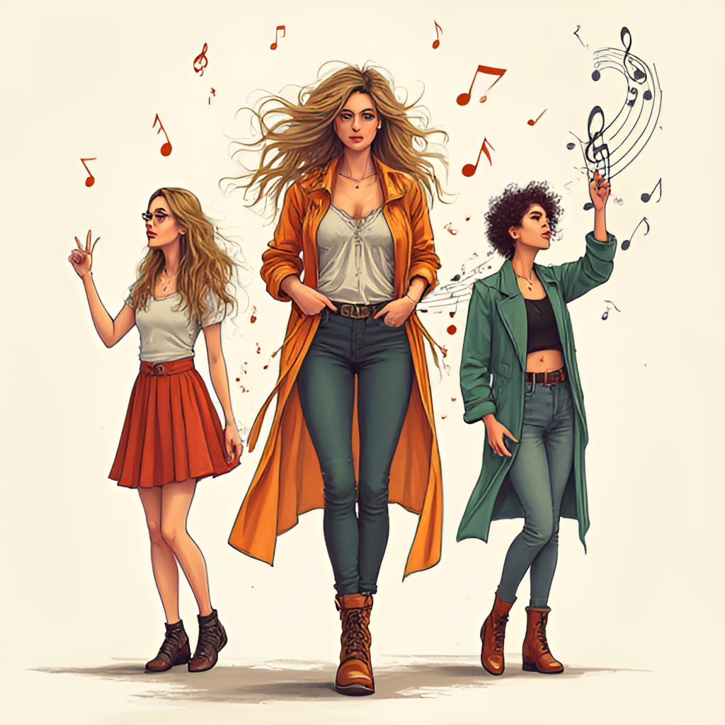 A creative illustration depicting Leslie Shaw transitioning between musical genres, perhaps showing her in different outfits or settings representing rock, urban, and cumbia styles, with musical notes flowing around her.