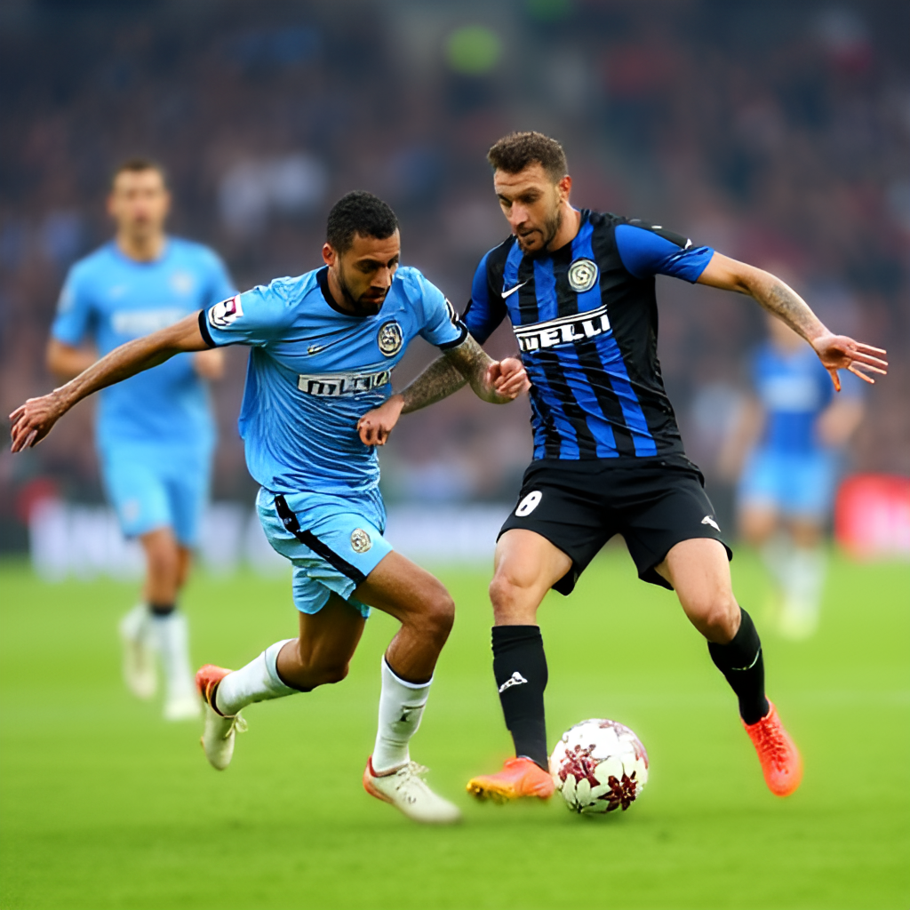 A dynamic, medium-shot photograph capturing a recent football match between Como 1907 and Inter Milan, showing players in blue and black/blue kits competing for the ball on a green pitch, with blurred crowd in the background. Emphasize the action and intensity.