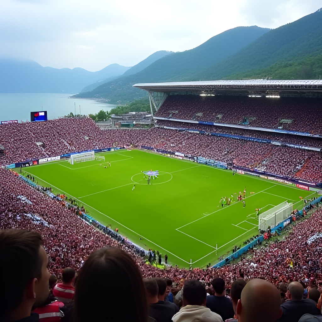 A wide-angle aerial shot of the Stadio Giuseppe Sinigaglia in Como during a match, showing the stadium filled with cheering fans, the lake Como in the background, and the players on the field, conveying the atmosphere of a home game.