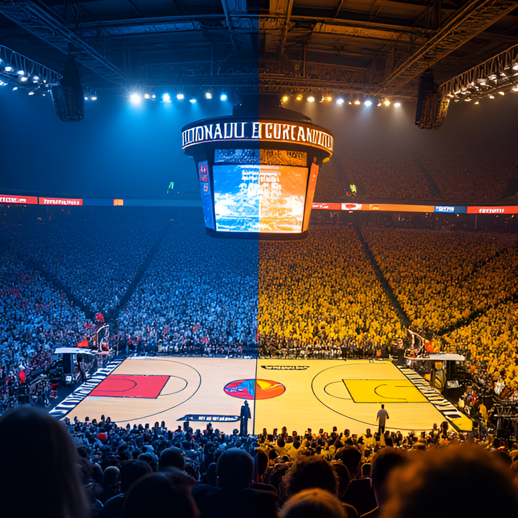 Split image or collage showing contrasting arena atmospheres: the vibrant, loud crowd at Madison Square Garden with blue and orange colors and the equally passionate crowd at Gainbridge Fieldhouse with yellow and blue colors during a basketball game.