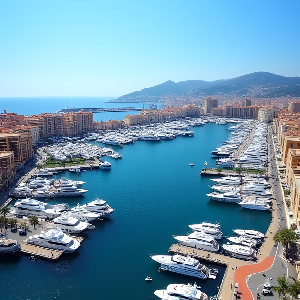 Wide shot of the Monaco harbor and marina during the Grand Prix weekend, showing F1 cars on the track alongside numerous luxury yachts moored in the water. The cityscape of Monte Carlo rises behind the harbor under a clear blue sky.
