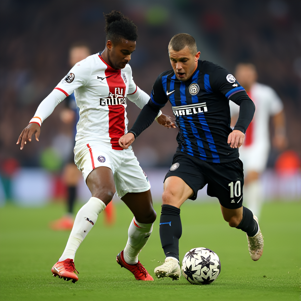 A dynamic, mid-shot of two key players from PSG and Inter Milan, recognizable by their kits, battling for the ball in a competitive but fair manner on the pitch, highlighting the individual duels that define the match.
