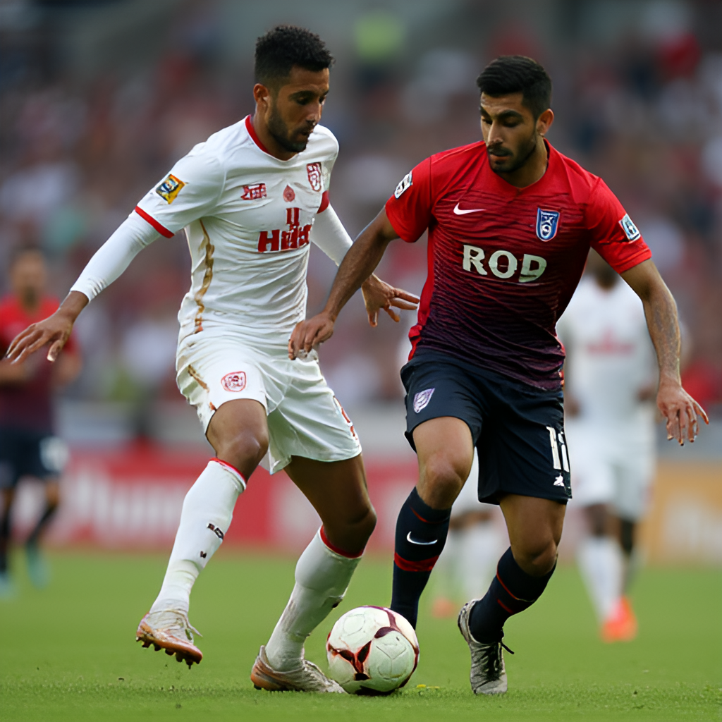 A close-up shot of two football players (one in Al Hilal's kit, one in a rival's kit) competing for the ball during a match, showing focus and intensity on their faces. Action shot.