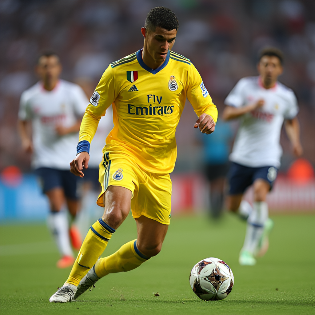 A close-up, action shot of Cristiano Ronaldo in an Al Nassr kit, dribbling or shooting during a match, with defenders from an opposing Saudi Pro League team nearby.
