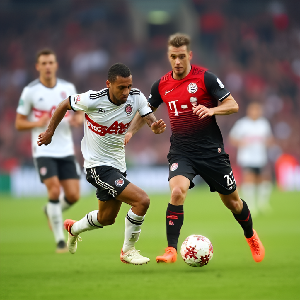 A dynamic action shot during a football match between two German teams (representing Elversberg and Heidenheim), focusing on a key player driving the ball forward, capturing the intensity of the competition with blurred background elements of the stadium and fans