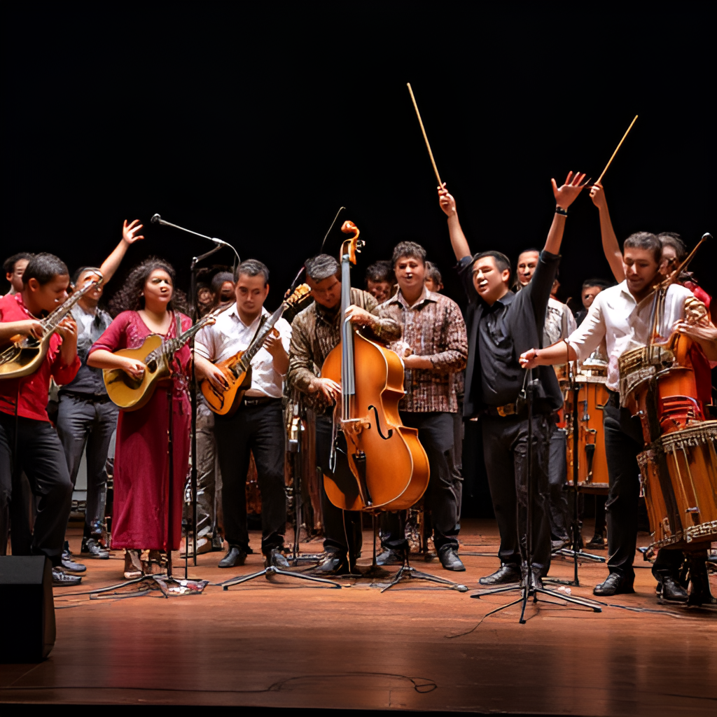 A dynamic image showing a diverse group of Peruvian musicians playing traditional and modern instruments together on a stage, representing the richness and fusion of Peruvian music genres.