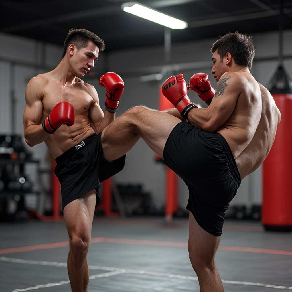 A photo of a person practicing a roundhouse kick on a training bag, seen from a side angle, emphasizing the hip rotation and power generation, in a gym setting.