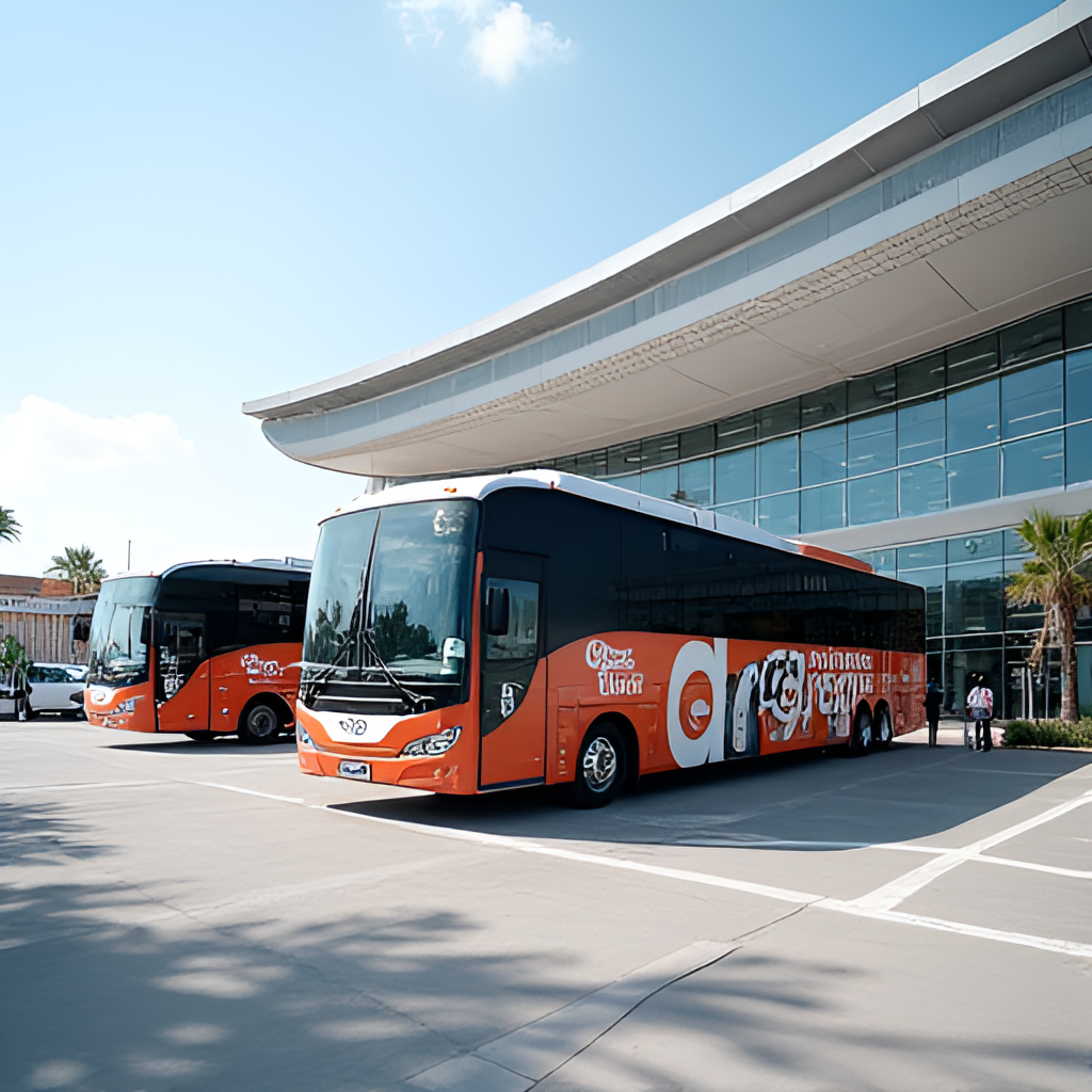 A dynamic street-level photo showing the new AeroDirecto buses with their distinct branding, parked at a designated stop outside the new Jorge Chávez Airport terminal, with passengers boarding