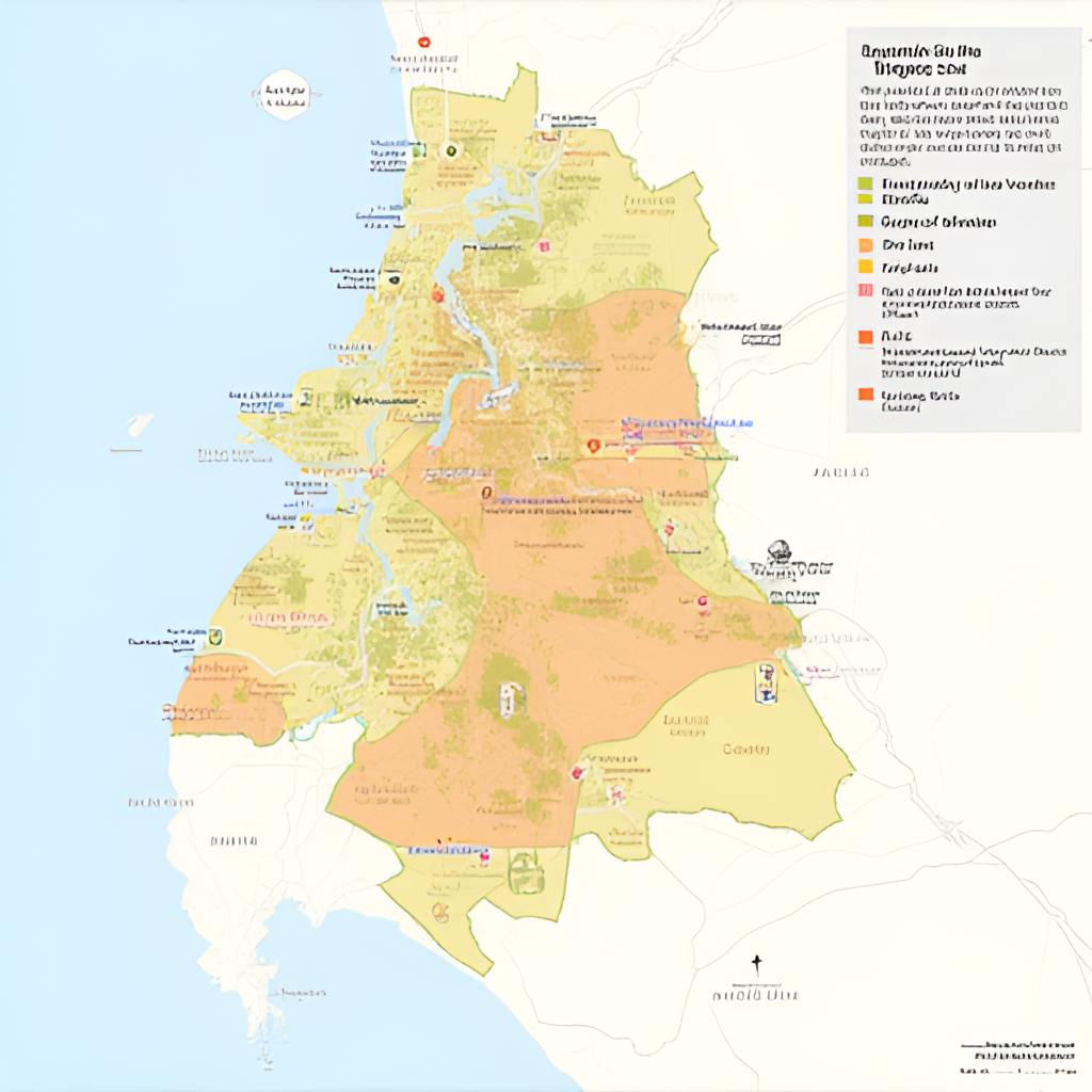 An illustrated map of Lima highlighting different seismic risk zones based on soil type, with color-coding indicating levels of vulnerability and small icons representing key safety measures. Infographic style.