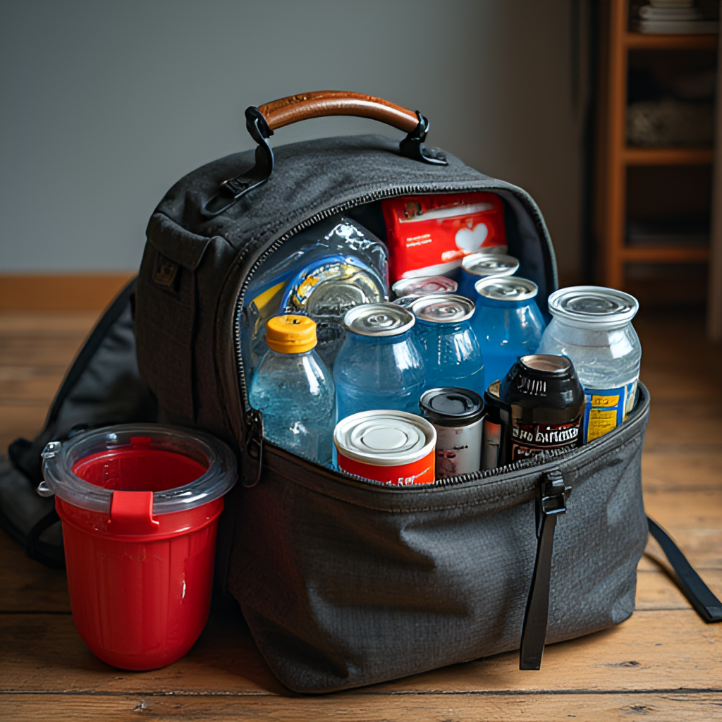 A well-packed emergency backpack (mochila de emergencia) with essential supplies like water bottles, canned food, first-aid kit, flashlight, and radio, placed in an easily accessible location.