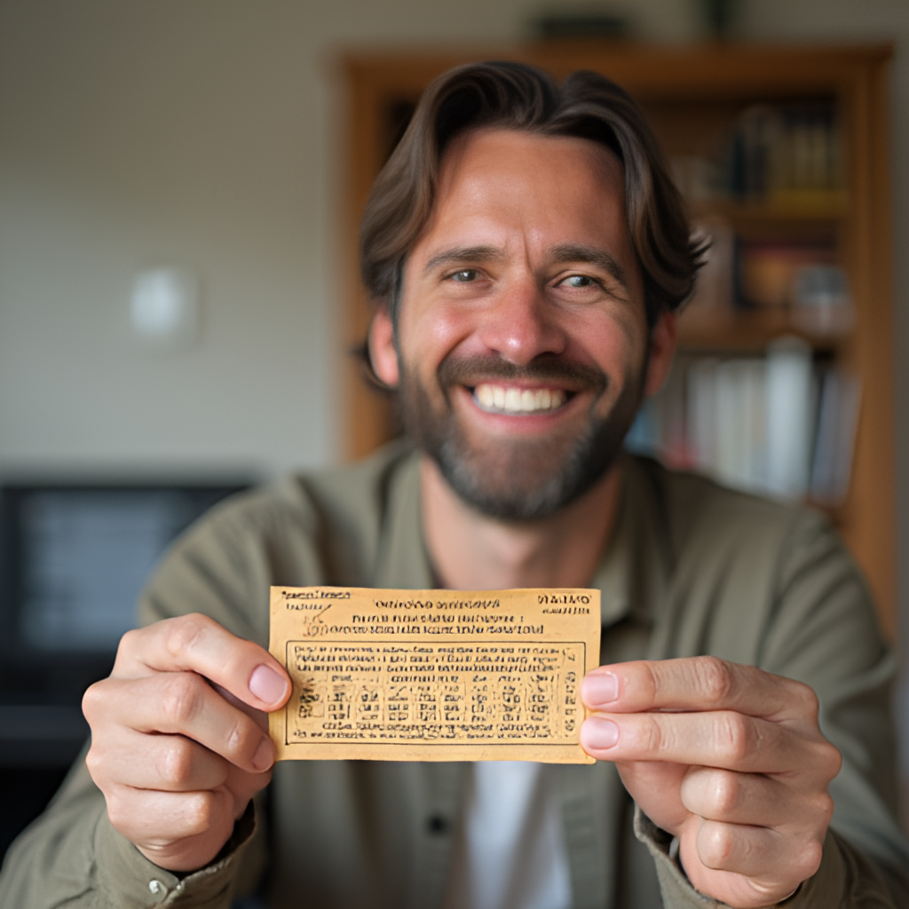 A warm, candid photo of a person (could be a man or woman) smiling broadly while holding a winning lottery ticket and showing it to the camera, with a blurred background suggesting a home or office setting.