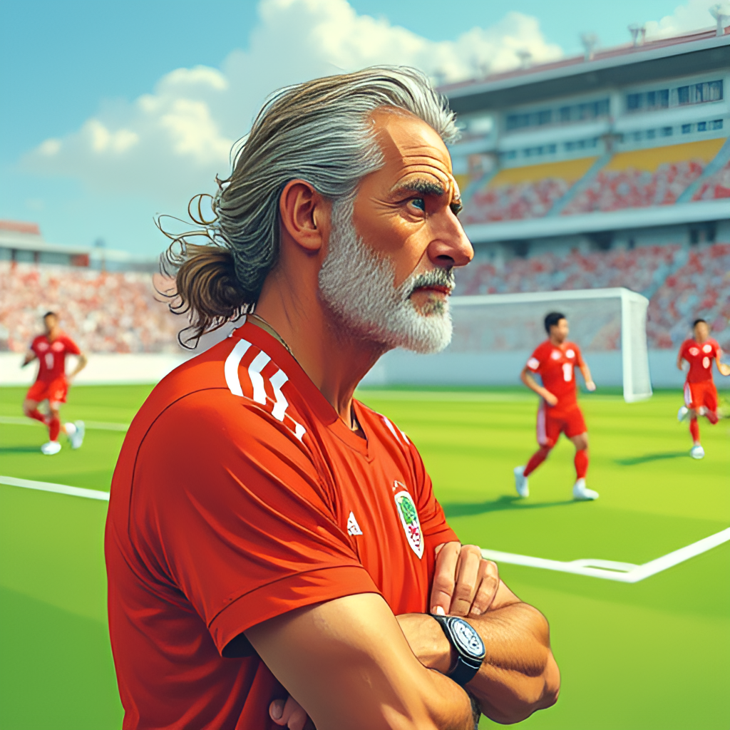 A stylistic illustration depicting Ricardo Gareca with a thoughtful expression on the sideline, overseeing the Peruvian national football team playing on a vibrant green pitch, conveying leadership and tactical acumen.