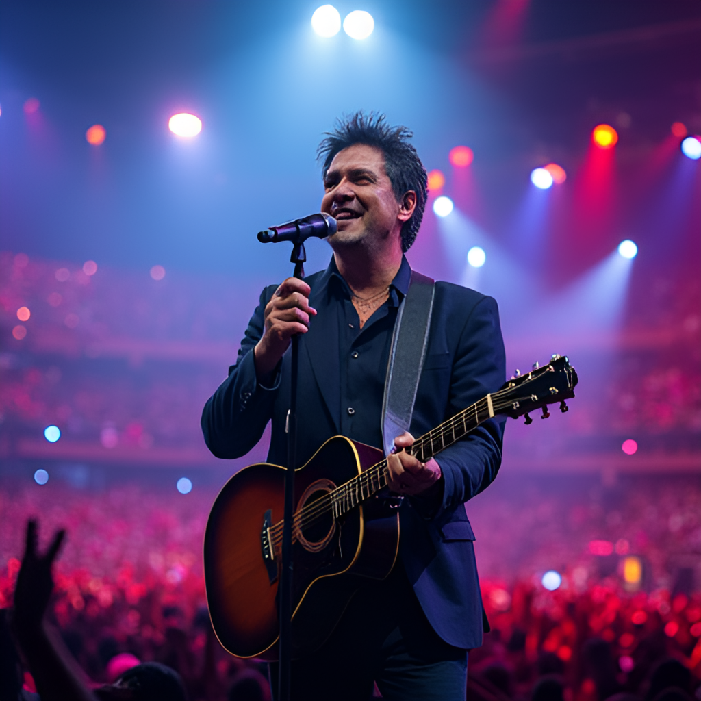 A vibrant image of Alejandro Sanz performing live on stage in a large stadium, bathed in colorful lights, with a crowd visible in the background, capturing the energy of his concerts in Latin America