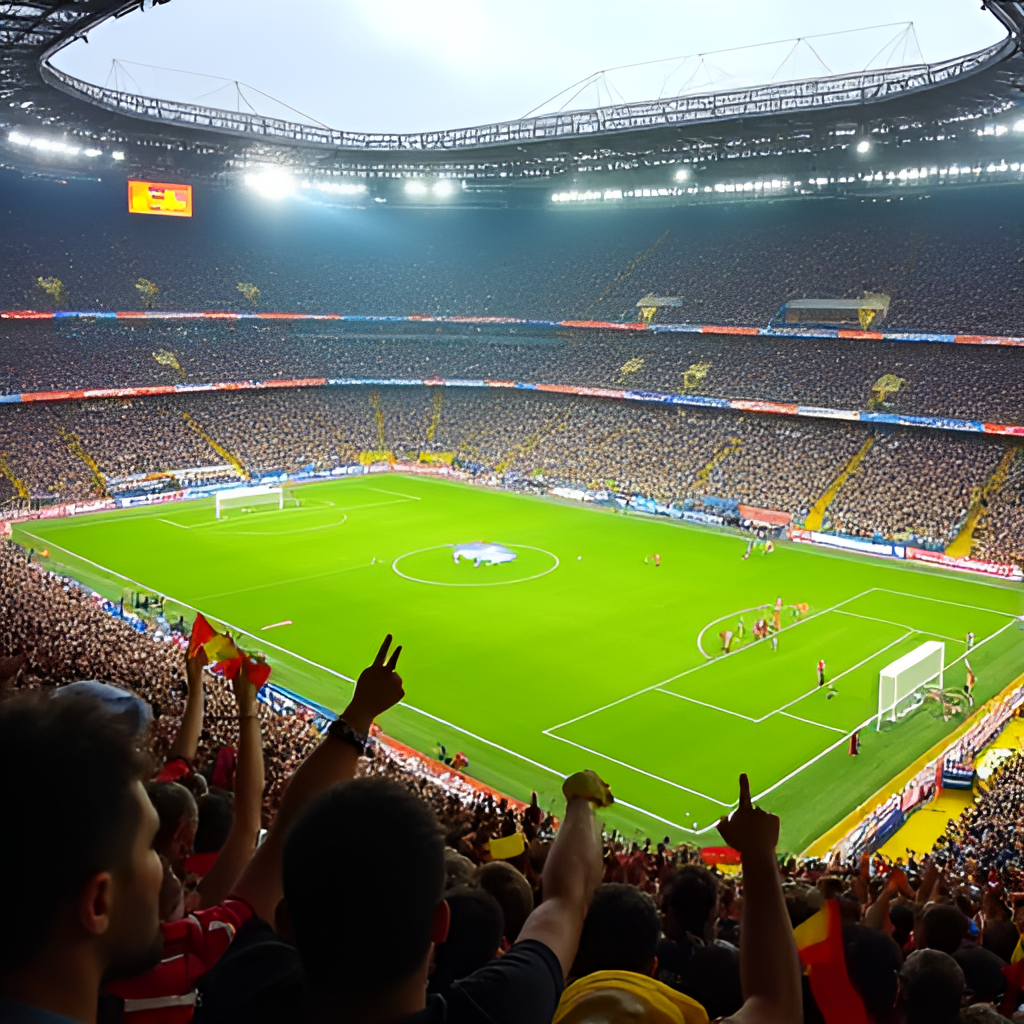An aerial view of a lively football stadium in Colombia with fans cheering and waving flags during a match between Leones FC and Deportivo Pereira, showing the vibrant atmosphere