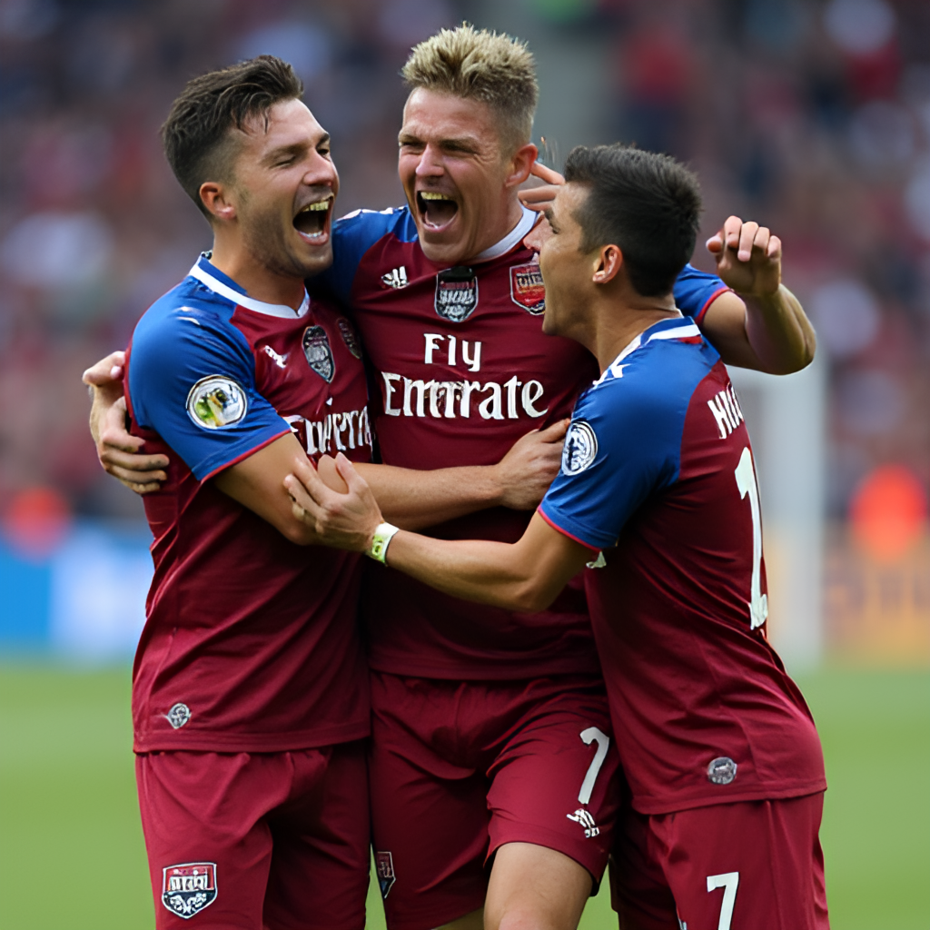 A close-up, dynamic shot of Colorado Rapids players celebrating a goal during a match, showing raw emotion and teamwork, with the team's burgundy and blue colors prominent, natural lighting, action photography style.