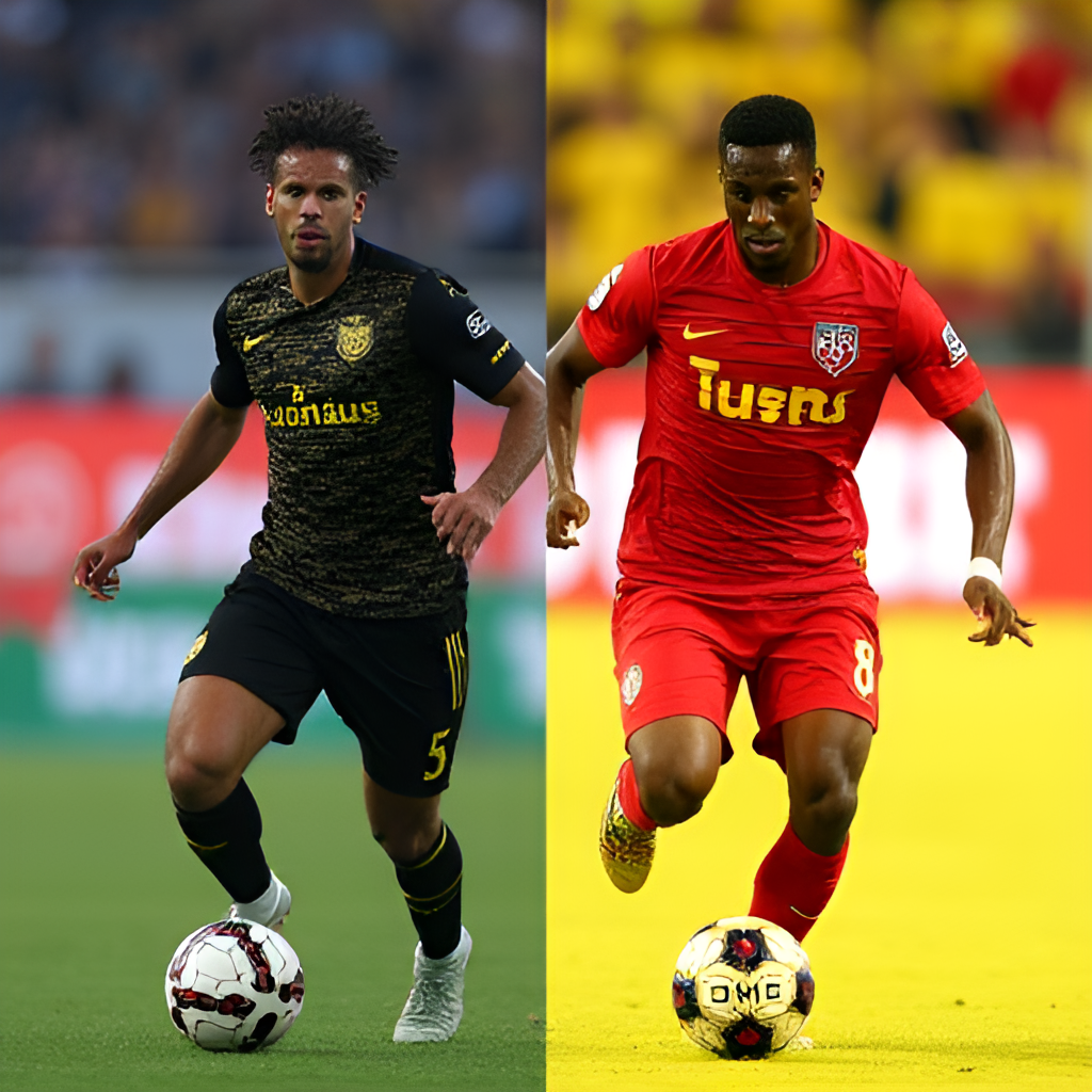Split image showing a dynamic action shot of a LAFC player (e.g., Denis Bouanga) dribbling past an ES Tunis defender, highlighting the contrast in team kits and the intensity of the competition. One half features LAFC black/gold, the other ES Tunis red/yellow.