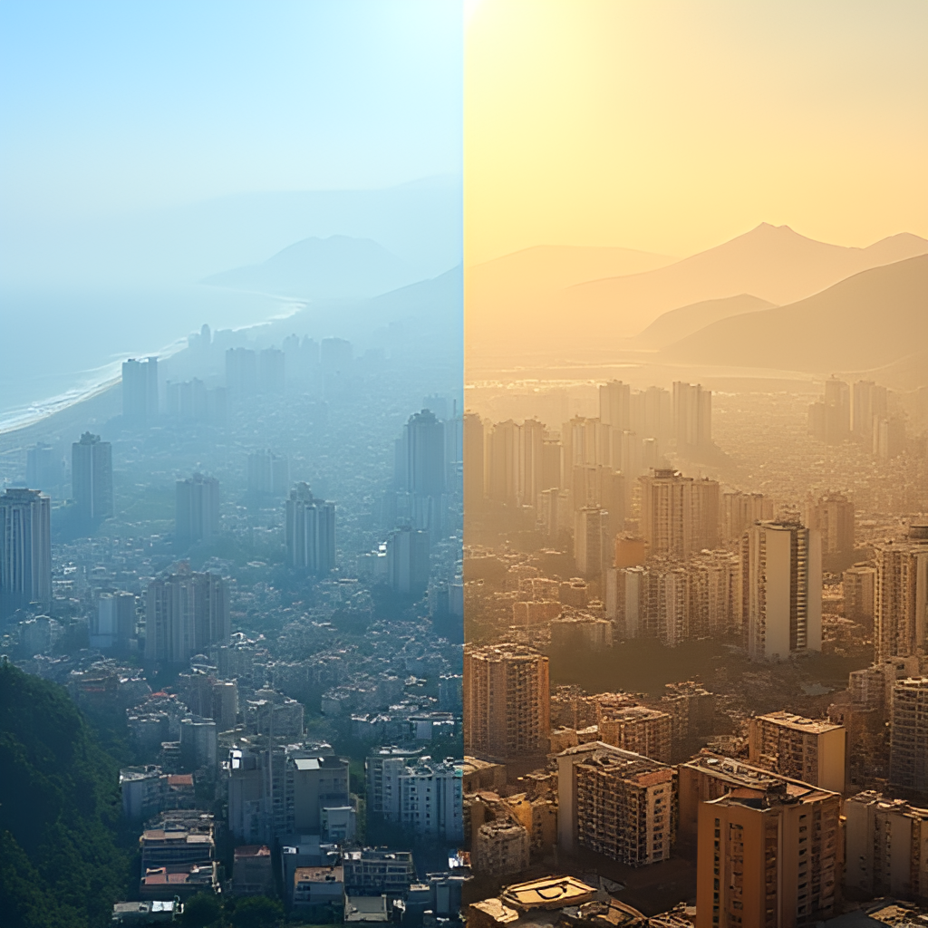 A split image showing a stark contrast between two districts in Lima: one side depicting a coastal district like Miraflores with mist and cooler tones, and the other side showing an eastern district like La Molina with bright sunshine and warmer colors, illustrating the microclimates.