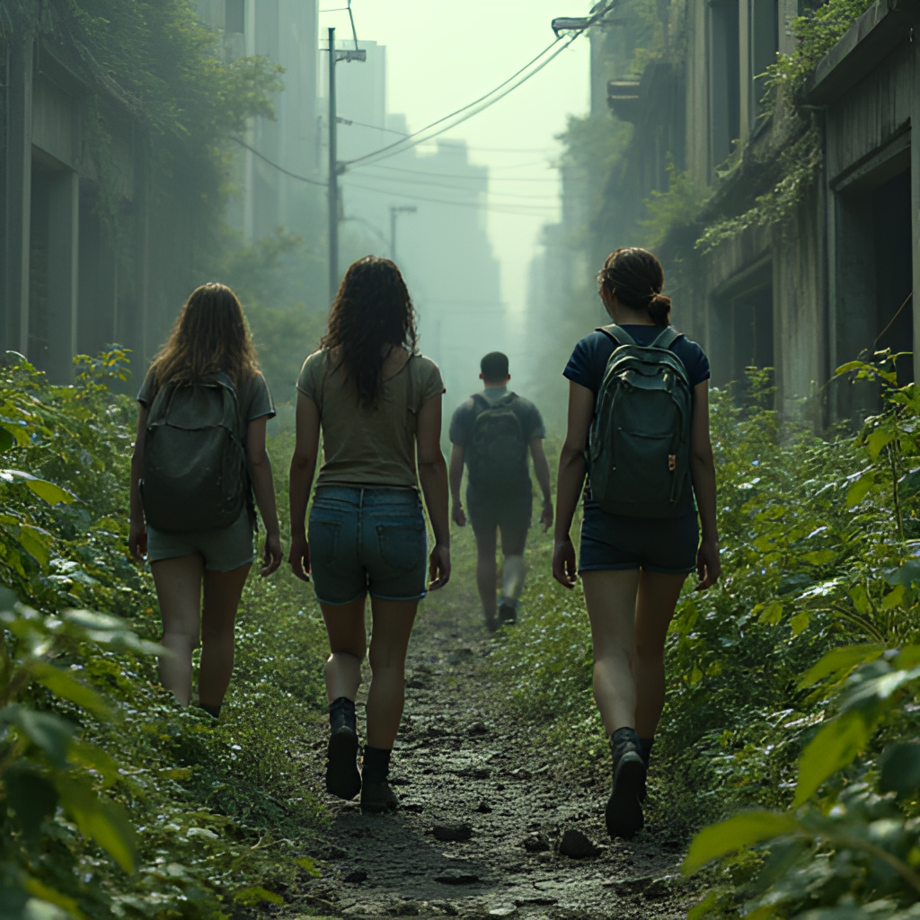 A group of survivors, including Jim, Selena, Frank, and Hannah, cautiously navigating through an overgrown, ruined urban environment, highlighting themes of resilience and finding hope amidst decay.