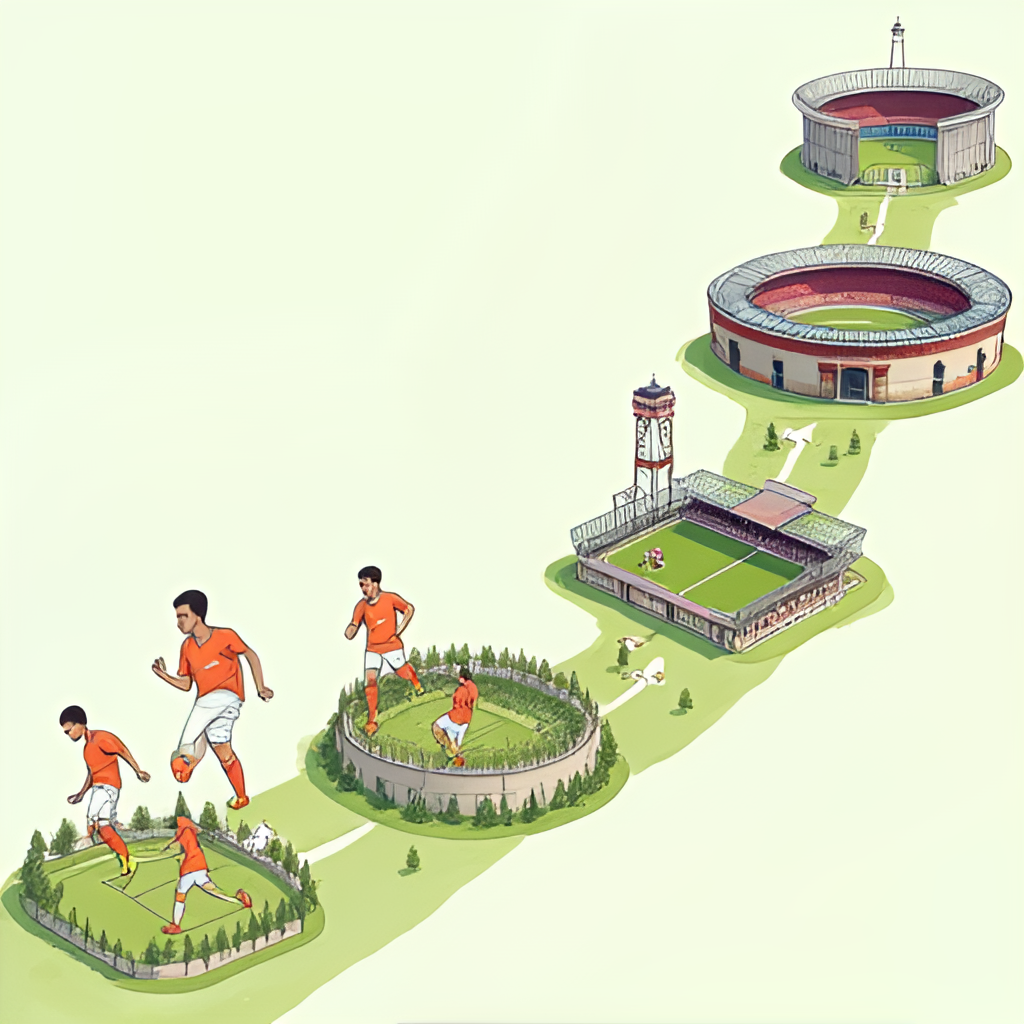 A stylized illustration showing the progression path of a football player from youth academy fields to a large professional stadium, symbolizing Gonzalo García Torres' journey.