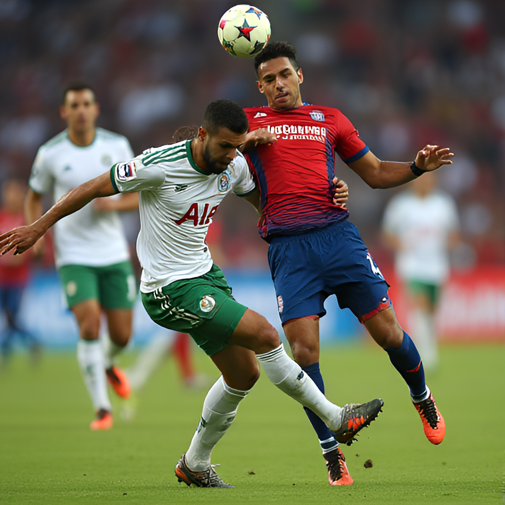 A dynamic medium shot photograph capturing a intense moment during a football match between FC Juárez and Club América players, showing a tackle or a header attempt, emphasizing the effort and rivalry on the field.