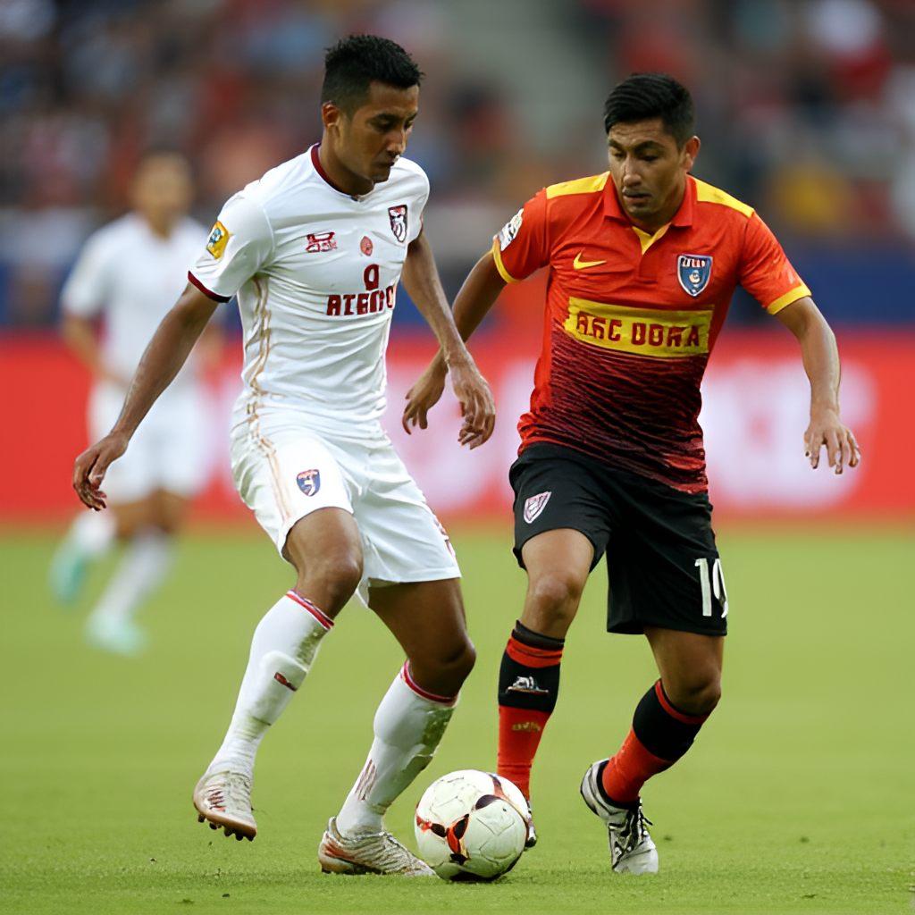 A dynamic action shot from a football match between two Peruvian teams. One player in a white Universitario jersey is challenging a player in the distinctive jersey of Los Chankas (likely red and yellow or orange/black). The image should capture intensity and focus on the players and the ball.