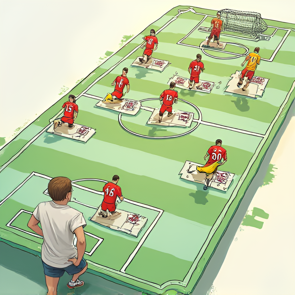 A dynamic illustration showing a football manager's tactical board with player formations, symbolizing Carlos Bustos' strategic approach to the game.
