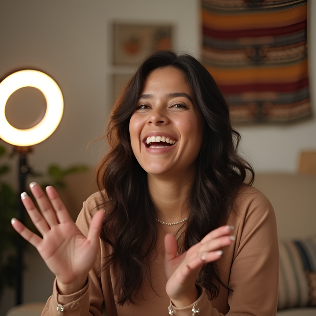 A single Latina content creator, mid-sentence, engaging with her audience during a live stream. She is smiling and gesturing warmly towards the camera. The background shows a creative home studio setup with a ring light and cultural decorations. The image conveys authenticity and connection, with a warm color palette.