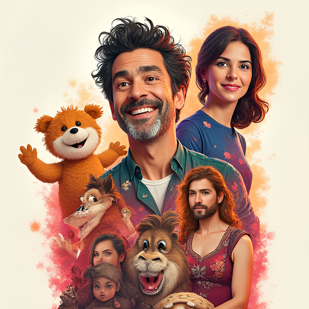 A vibrant, dynamic illustration showing Eugenio Derbez with various iconic characters he has portrayed or voiced, such as a plush family member, a dramatic movie character, and an animated animal, symbolizing his versatility and the breadth of his career.