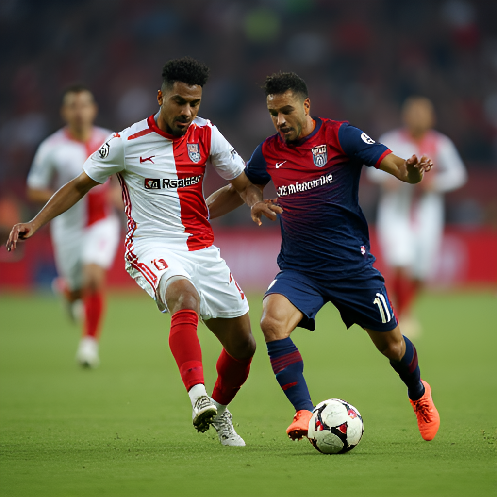 An action shot depicting a tense midfield battle between a Real Salt Lake player and an Atlético San Luis player, showcasing the intensity of an MLS vs Liga MX matchup under stadium lights.
